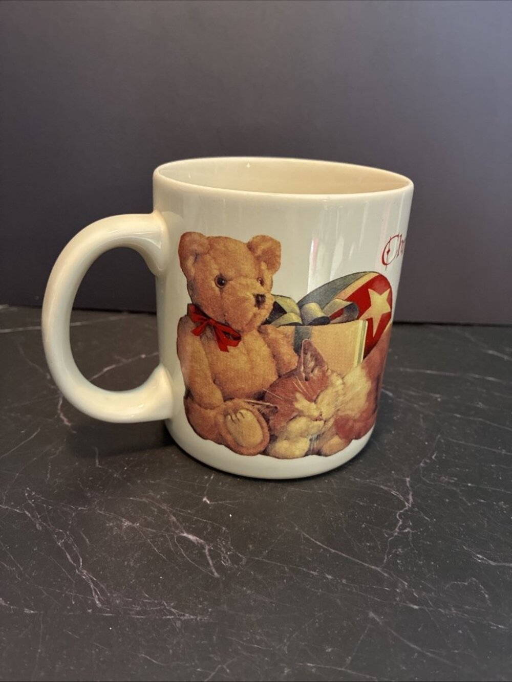 Vintage American Greetings Christmas Mug Teddy Bear Cat Holiday Coffee Cup Love